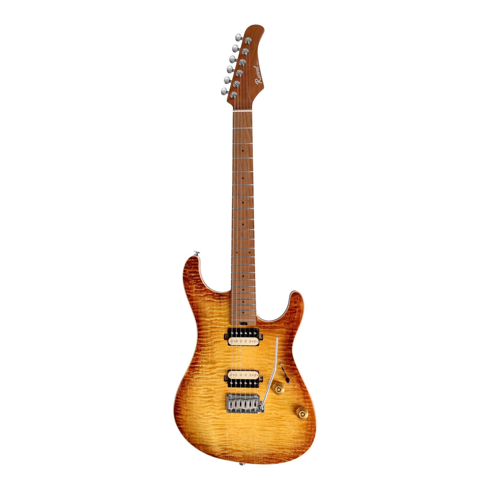 Revival Guitars Titan flagship electric guitar, flame maple top, amber sunburst finish