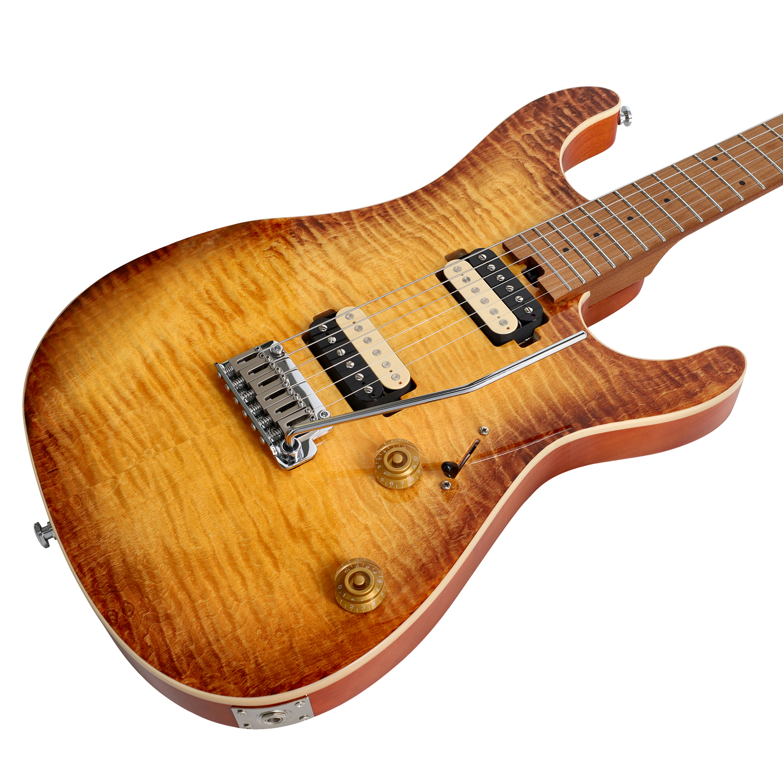 Close-up of the Titan's flame maple top grain and amber sunburst finish